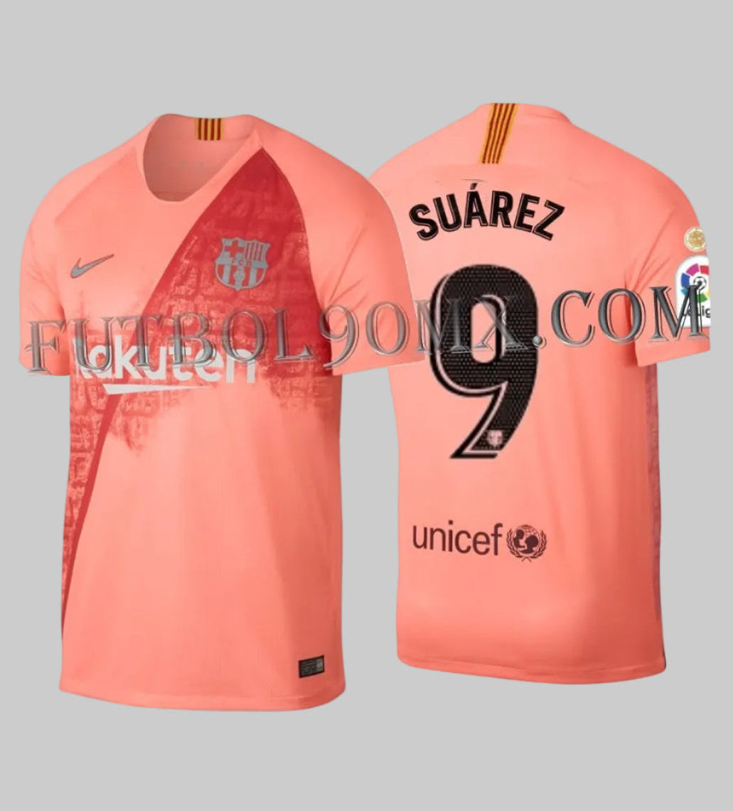Vista combinada frontal y posterior con personalización oficial SUAREZ 9 de la camiseta Nike FC Barcelona Tercera 2018/19 (Ref. 918989-694) disponible en Futbol90MX