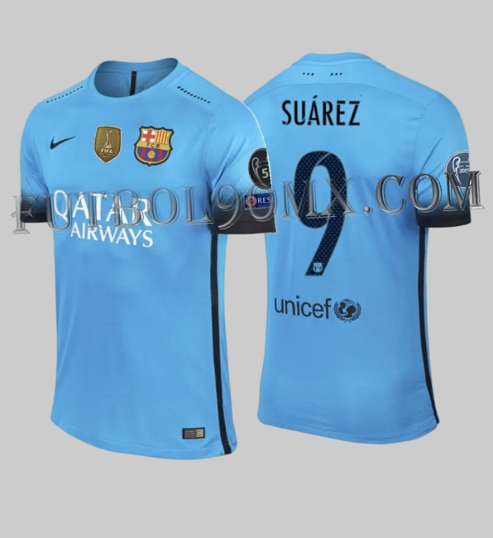 Vista frontal y trasera en estudio del Nike Luis Suárez FC Barcelona Authentic Match Third Jersey UEFA Champions League 2015/16 con patrocinador Qatar Airways, parches de competiciones y personalización de SUÁREZ #9 (Código: 658787-426) en Futbol90MX.