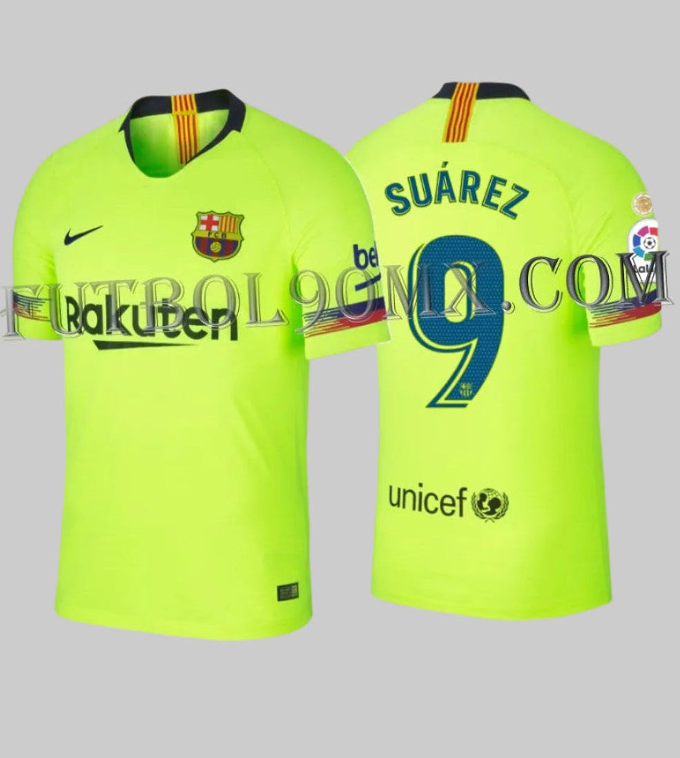 Nike Luis Suárez FC Barcelona Authentic Vapor Match Away Jersey 2018/19 en color amarillo volt (Ref. 918912-702), mostrando la vista frontal y dorsal con el número 9 en la Historical Archive Boutique de Futbol90MX