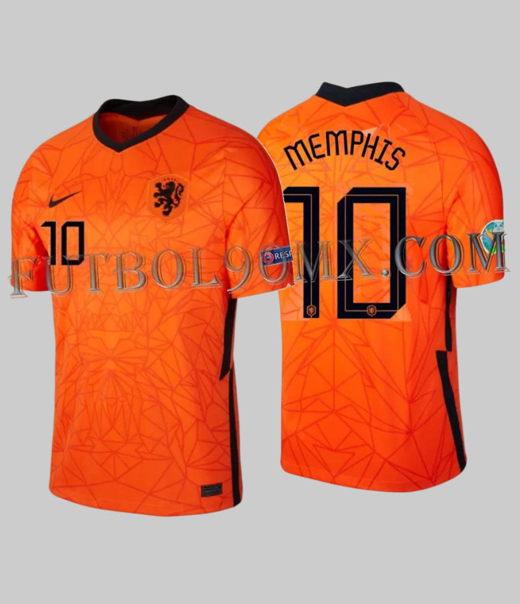 Vista dual del Jersey Nike Países Bajos local Euro 2020 con dorsal Memphis Depay 10, codigo CD0712-819, edición de archivo deadstock disponible en Futbol90MX
