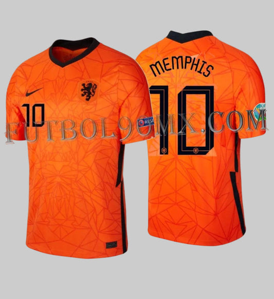 Vista dual del Jersey Nike Países Bajos local Euro 2020 con dorsal Memphis Depay 10, codigo CD0712-819, edición de archivo deadstock disponible en Futbol90MX