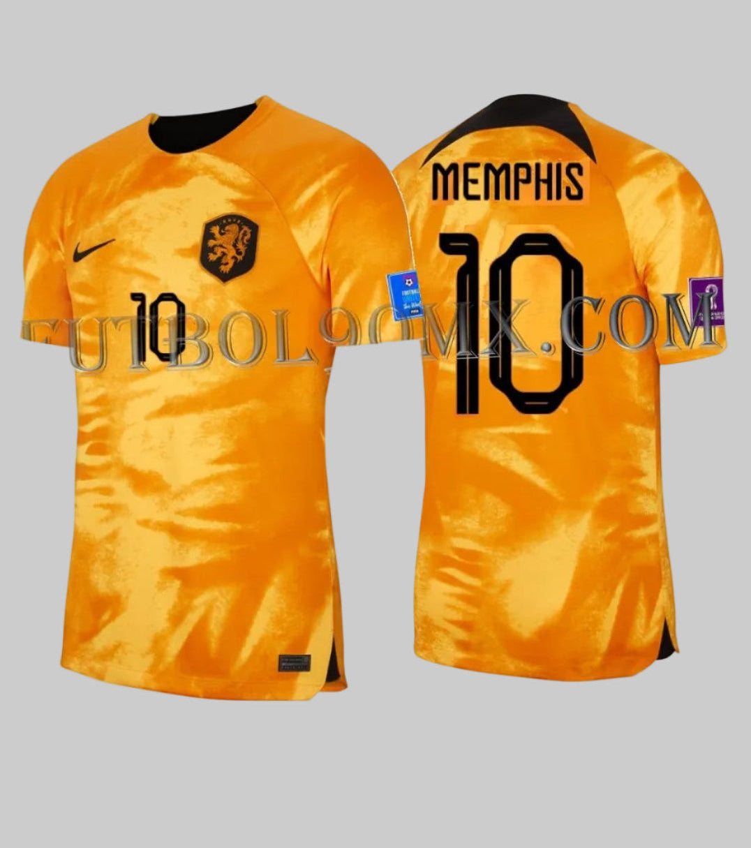 Vista dual del Jersey Memphis Depay Países Bajos 2022, edición oficial Copa Mundial con parches originales y dorsal #10, codigo Nike DN0694-845 en Futbol90MX