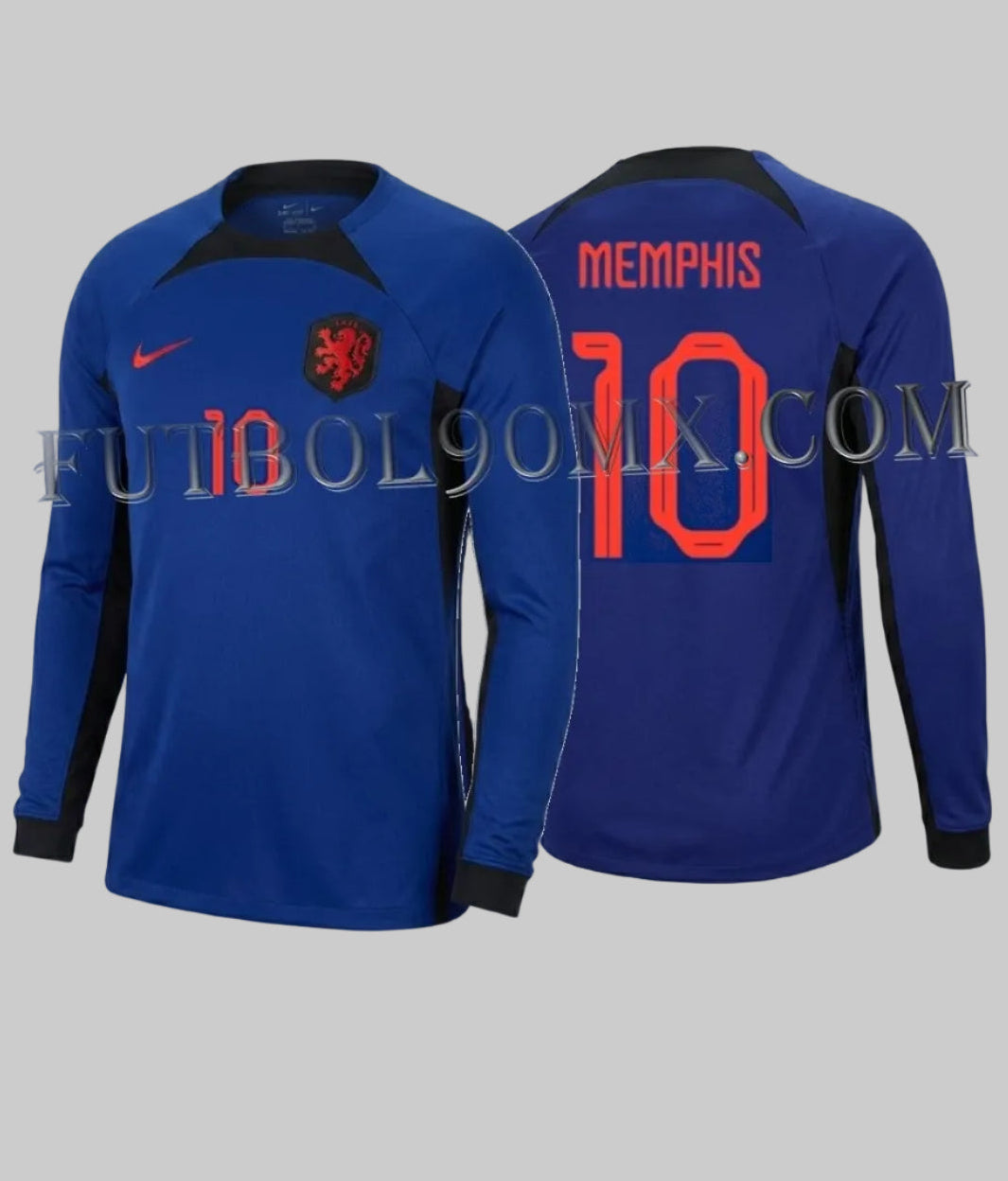 Vista dual del Jersey Nike con dorsal personalizado 'MEMPHIS 10' en version manga larga de Países Bajos Mundial 2022, estado Deadstock de colección, codigo DN0668-455 disponible en Futbol90MX