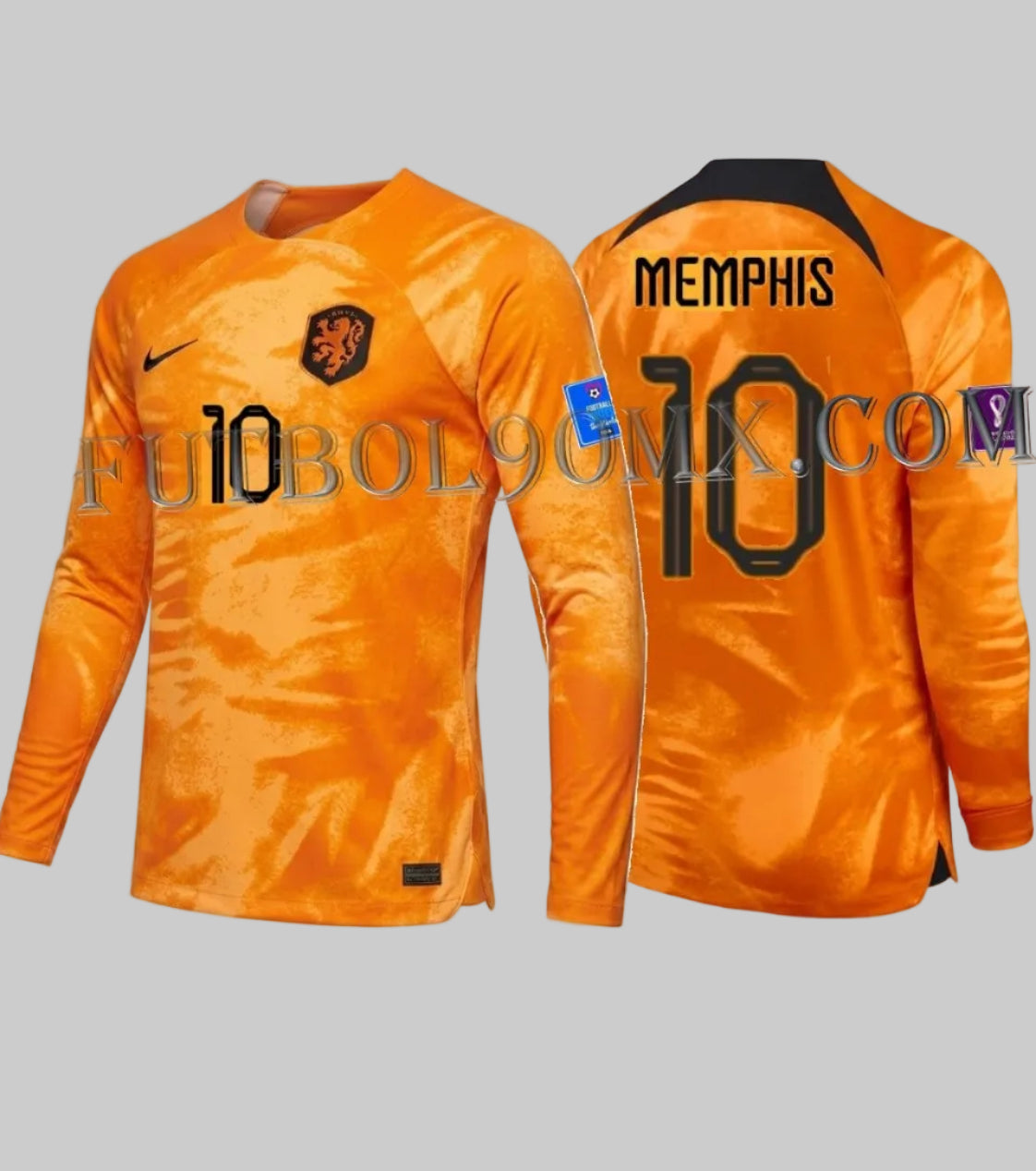 Jersey oficial Nike de local de los Países Bajos manga larga, edición Copa Mundial 2022, con personalización oficial "MEMPHIS 10" y parches de torneo, presentado sobre fondo neutro, codigo DN0669-845, disponible en Futbol90MX