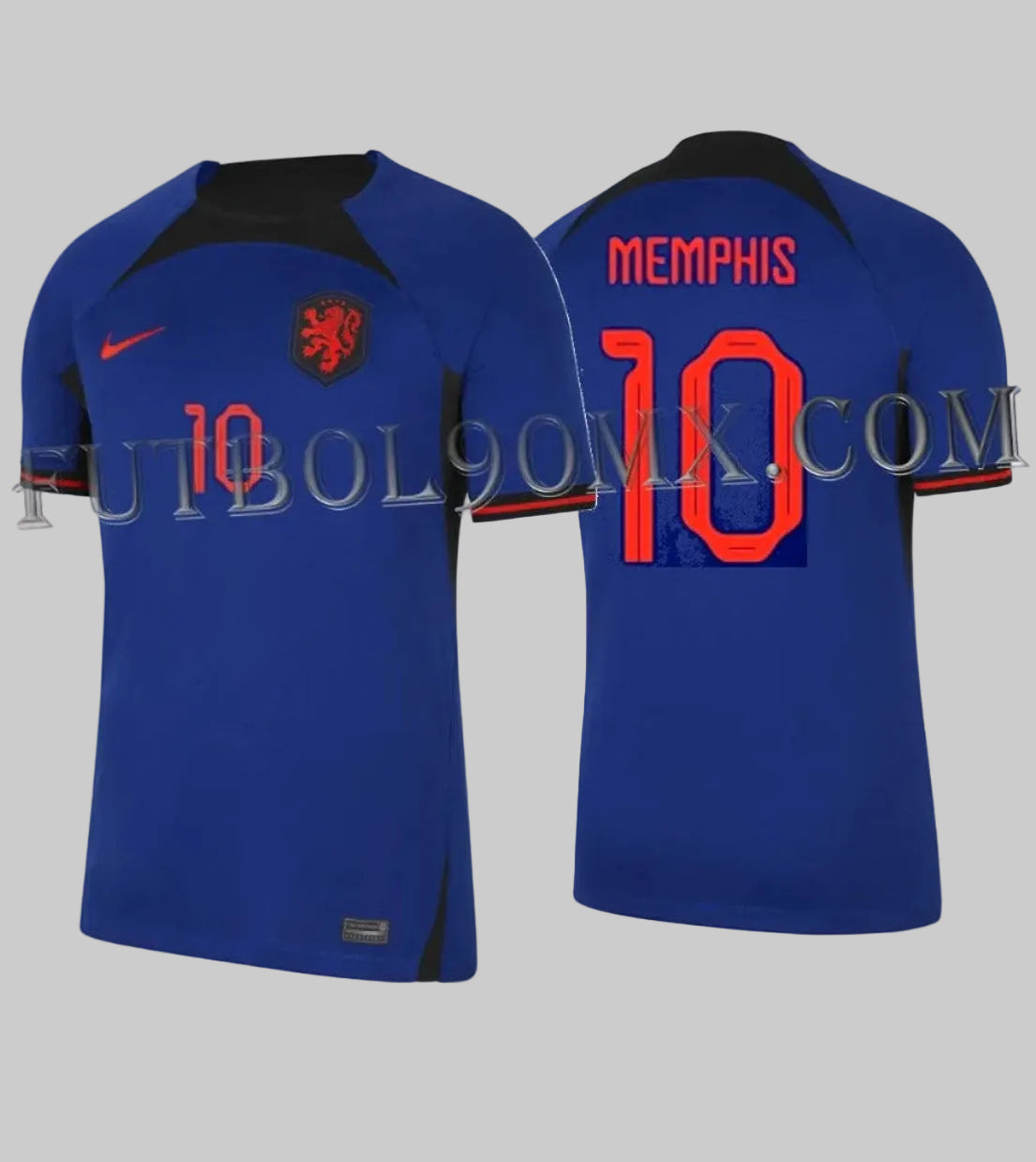 Vista dual del jersey de los Países Bajos con el nombre MEMPHIS y el número 10 en tipografía naranja oficial de Qatar 2022, codigo Nike DN0693-455 en Futbol90MX