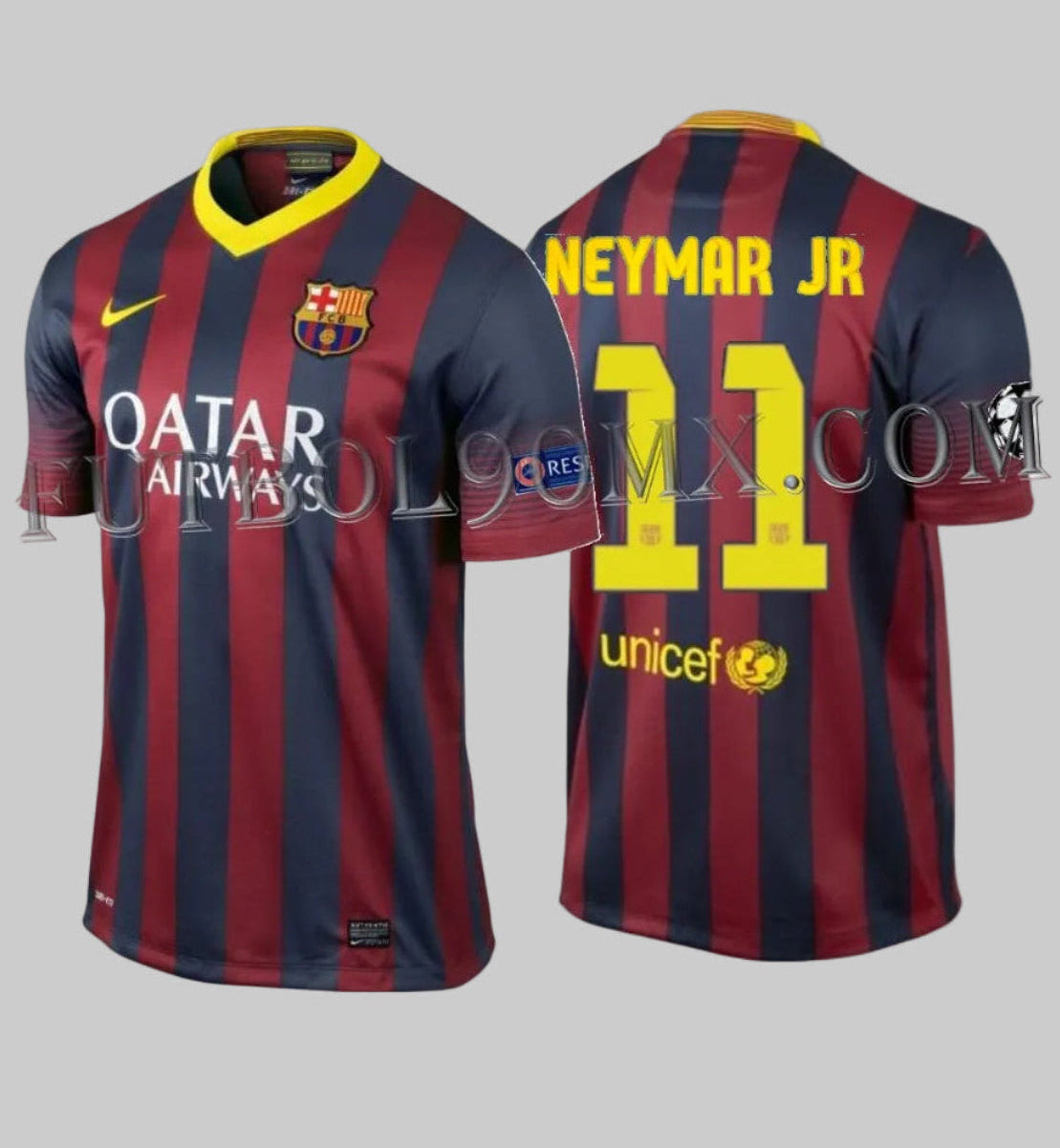 Vista frontal y posterior del Jersey con Estampado oficial Neymar Jr 11 FC Barcelona temporada 2013-14 tipografía UEFA Champions League color amarillo vibrante.