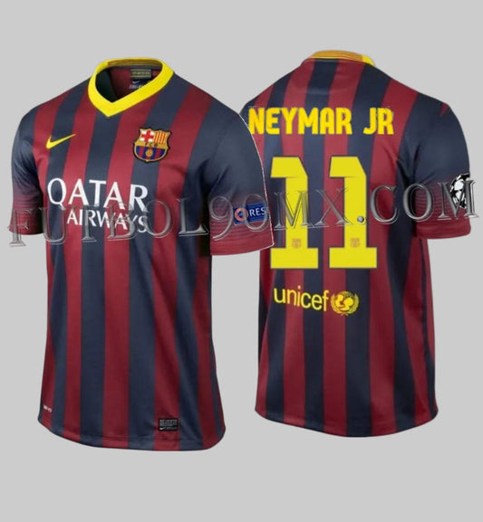 Vista frontal y posterior del Jersey con Estampado oficial Neymar Jr 11 FC Barcelona temporada 2013-14 tipografía UEFA Champions League color amarillo vibrante.