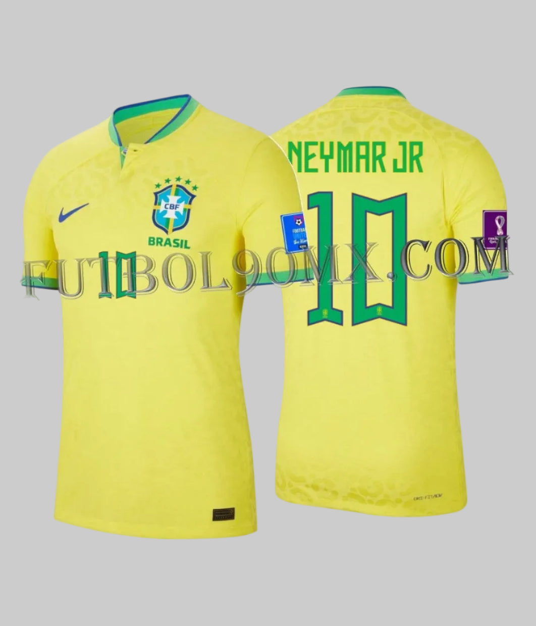 Vista dual del jersey de jugador Neymar Jr Brasil 2022 Match Issue. Nombre NEYMAR JR y número 10 en tipografía oficial. Tecnología Nike ADV con patrón Jacquard de jaguar. Codigo DN0618-740. Deadstock Futbol90MX.