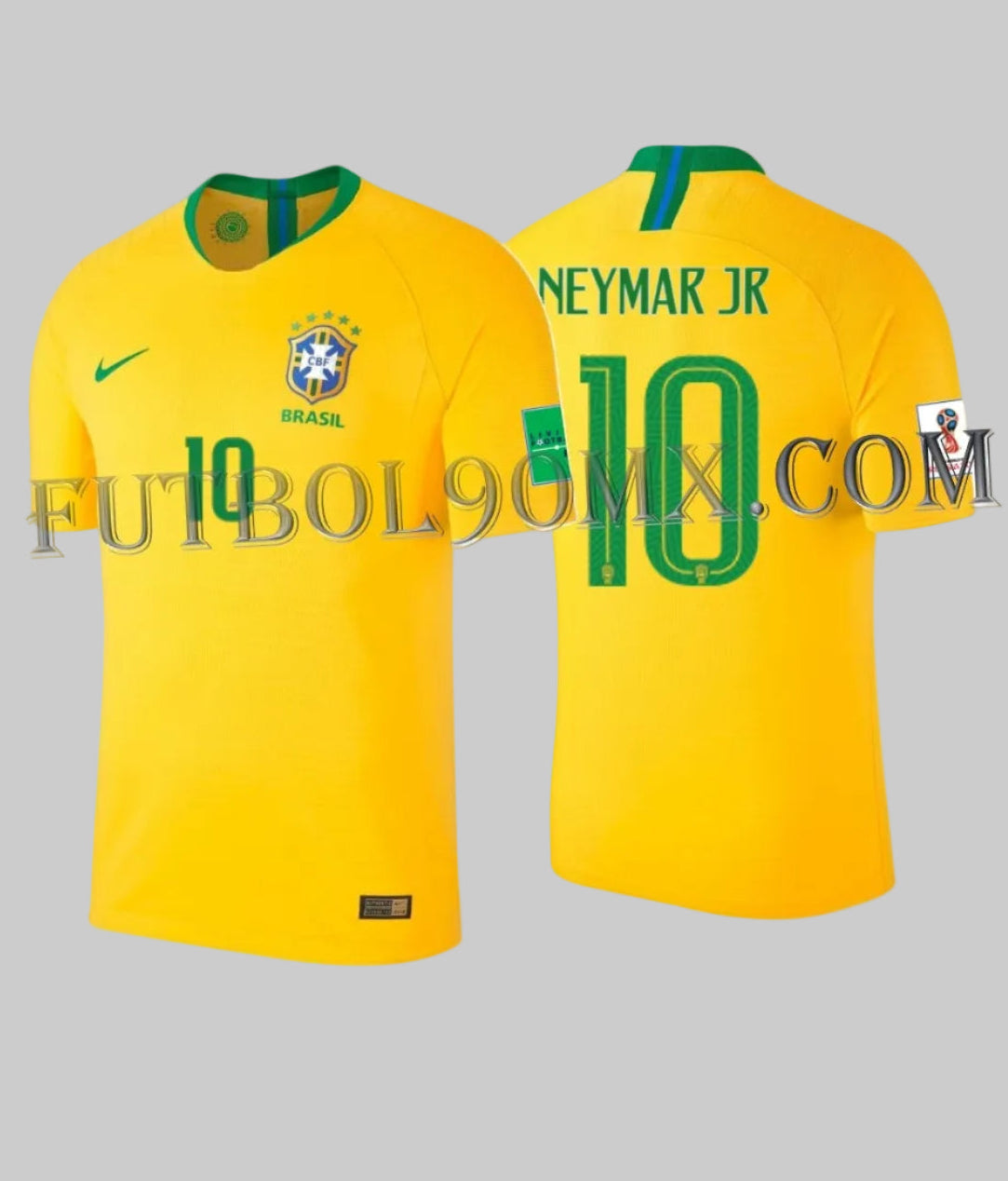 Vista dual del jersey Vapor Match de local de Brasil Mundial FIFA 2018, mostrando la tipografía técnica de torneo y la personalización oficial 'NEYMAR JR 10', codigo 893858-749, disponible en Futbol90MX