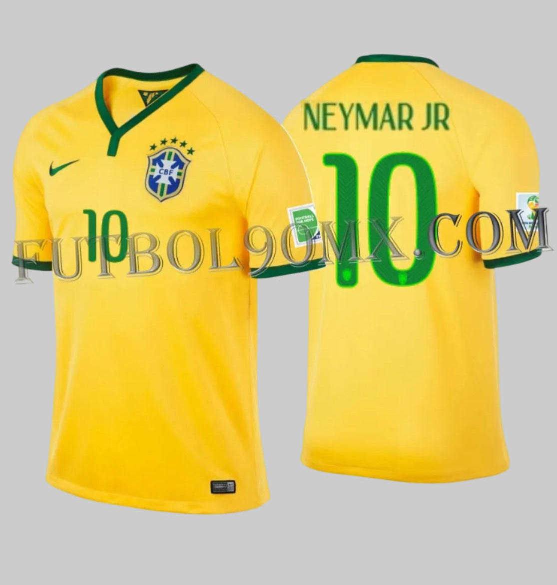 Jersey oficial de Brasil local 2014 con personalización de Neymar Jr #10, diseño de Nike 575280-703 para el Mundial de Brasil en color Comet Yellow con cuello en V verde.