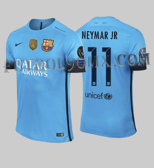 Vista frontal y trasera en estudio del Nike Neymar Jr FC Barcelona Authentic Match Third Jersey UEFA Champions League 2015/16 con patrocinador Qatar Airways, parches de competiciones y personalización de NEYMAR JR #11 (Código: 658787-426) en Historical Archive Boutique Futbol90MX.