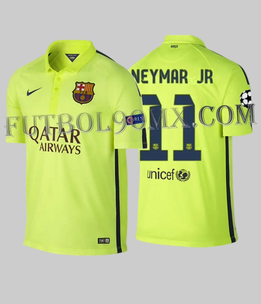 Vista dual frontal y posterior del jersey Nike Neymar Jr FC Barcelona tercero de la UEFA Champions League 2014/15 (Ref. 631192-711) en color Volt con el dorsal #11, disponible en Futbol90MX