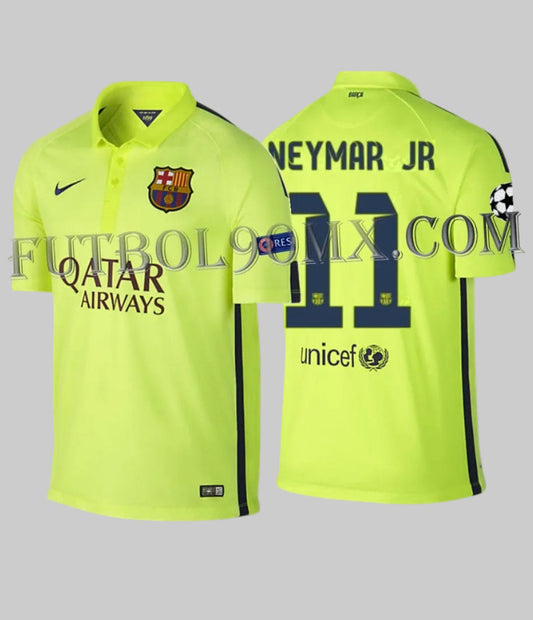 Vista dual frontal y posterior del jersey Nike Neymar Jr FC Barcelona tercero de la UEFA Champions League 2014/15 (Ref. 631192-711) en color Volt con el dorsal #11, disponible en Futbol90MX