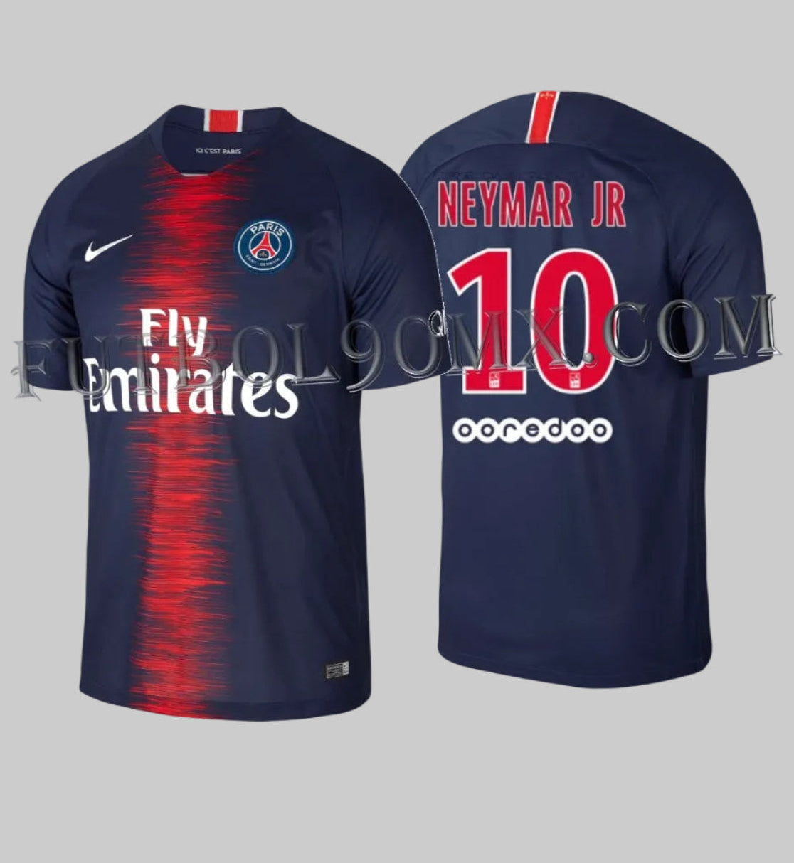Jersey original Nike Neymar Jr Paris Saint-Germain 2018-19 894432-411 local con franja roja en zigzag "vibration" y patrocinador Fly Emirates.