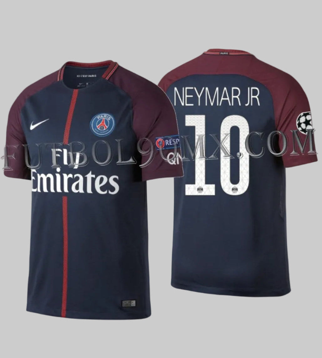 Jersey oficial Nike Paris Saint-Germain 2017/18 de Neymar Jr., edición UEFA Champions League. Vista de frente y espalda con el dorsal 10, codigo 847269-430, pieza de colección de Futbol90MX.
