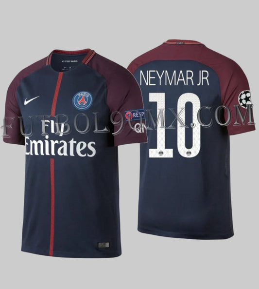 Jersey oficial Nike Paris Saint-Germain 2017/18 de Neymar Jr., edición UEFA Champions League. Vista de frente y espalda con el dorsal 10, codigo 847269-430, pieza de colección de Futbol90MX.