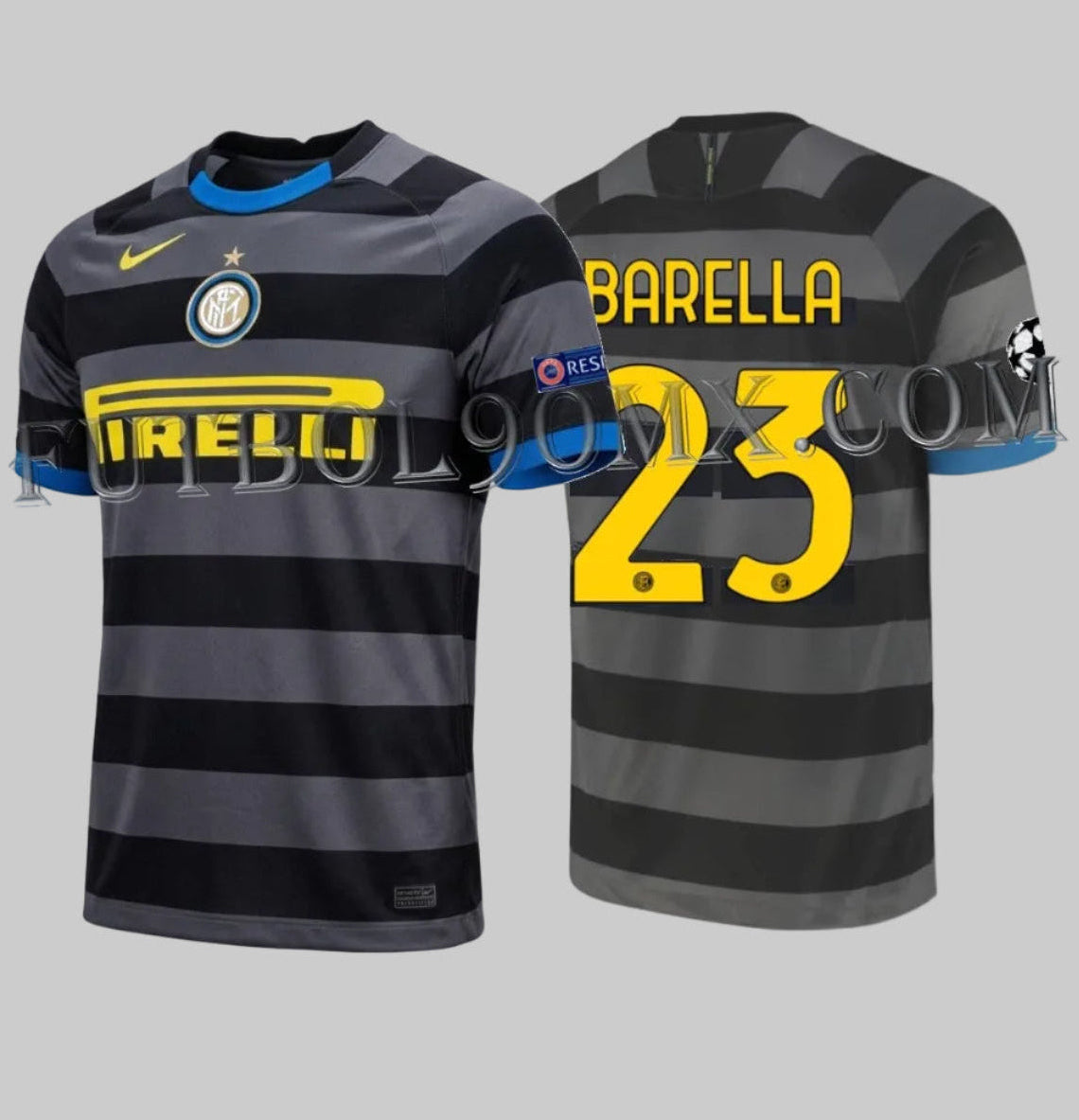 Dorsal oficial Barella 23 en tipografía amarilla de Champions League sobre jersey del Inter de Milán 2020-21 con parches Starball y Respect CK7823-022