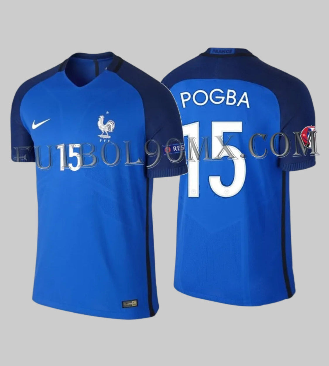 Jersey Nike Authentic Vapor Match de Francia, edición Euro 2016, personalizado con el nombre y dorsal #15 de Paul Pogba, codigo 724616-439 en Futbol90MX