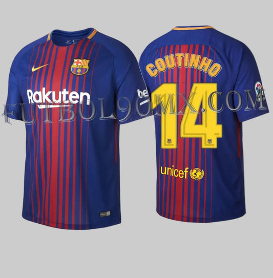 Dorsal oficial de Philippe Coutinho número 14 en color dorado, tipografía auténtica de La Liga sobre jersey de casa 2017-18.