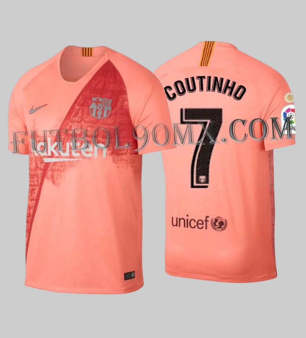 Vista combinada frontal y posterior con personalización oficial COUTINHO 7 de la camiseta Nike FC Barcelona Third 2018/19 (Ref. 918989-694) disponible en Futbol90MX