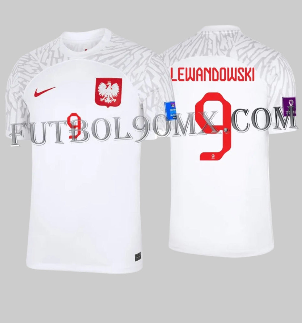 Jersey de local con nameset oficial de alta densidad Lewandowski 9, tipografía oficial de Nike para Polonia Qatar 2022, vinilo térmico, y parches del torneo Archive Grade en estado impecable DN0700-100- Futbol90MX.