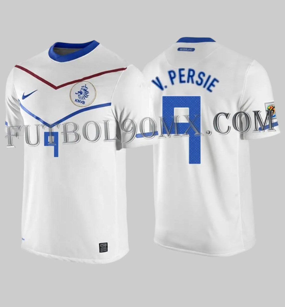 Vista dual del jersey Nike Países Bajos Away 2010; frente con diseño de chevron 'V' tricolor y dorso con personalización oficial V. PERSIE #9, activo de Historical Archive Boutique Futbol90MX codigo 376907-105