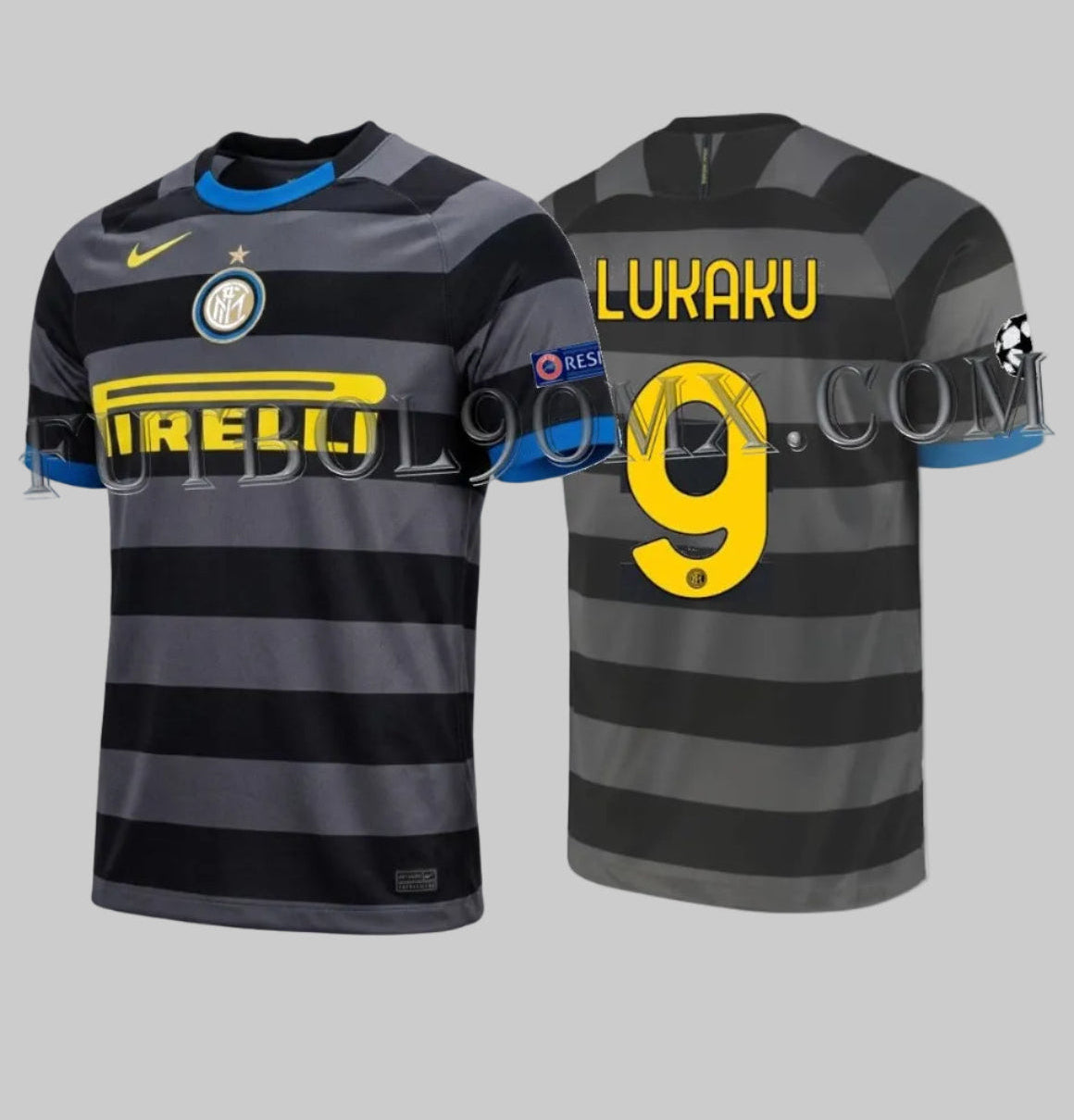 Dorsal oficial Lukaku 9 en tipografía amarilla de Champions League sobre jersey del Inter de Milán 2020-21 con parches Starball y Respect