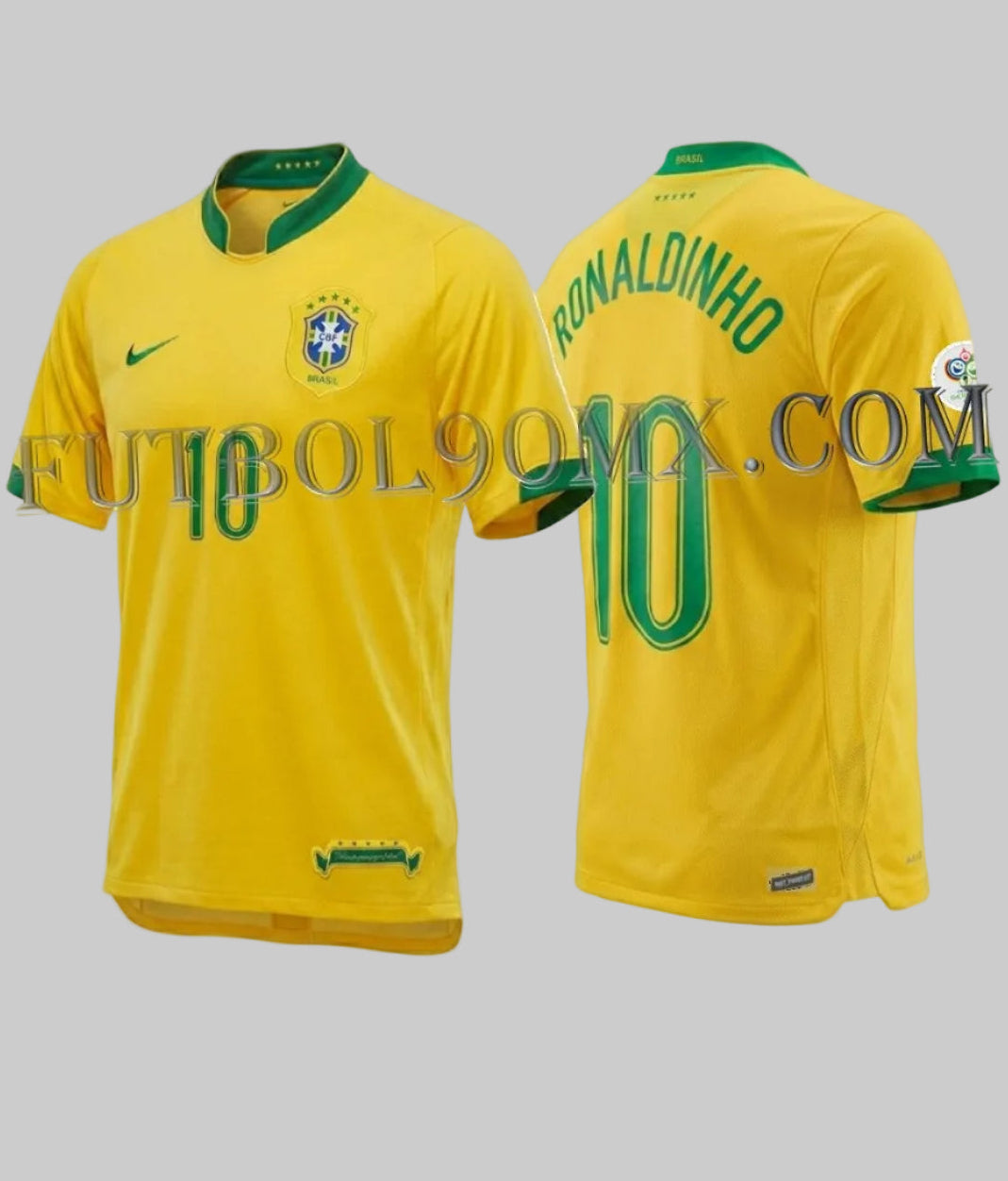 Jersey Nike Brasil edición Mundial FIFA 2006 de local con dorsal Ronaldinho 10, exhibido en modelo de doble vista, codigo 103889-703, disponible en Futbol90MX