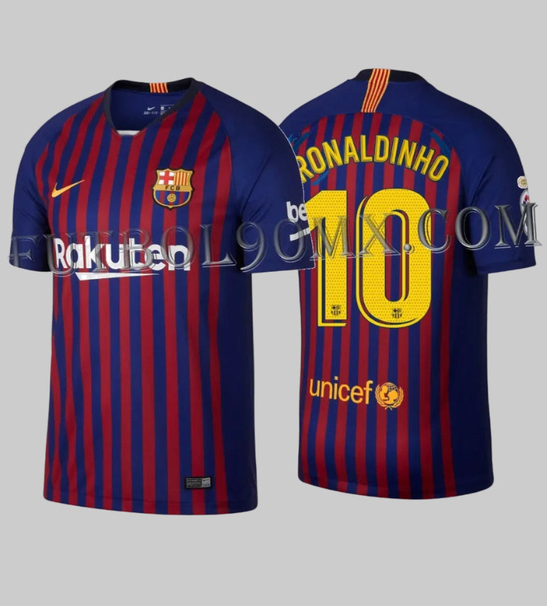 Vista dual del jersey Nike FC Barcelona Home 2018/19; frente con patrocinador Rakuten y dorso con personalización oficial RONALDINHO #10, validado como activo de Historical Archive Boutique Futbol90MX con código verificado 894430-456