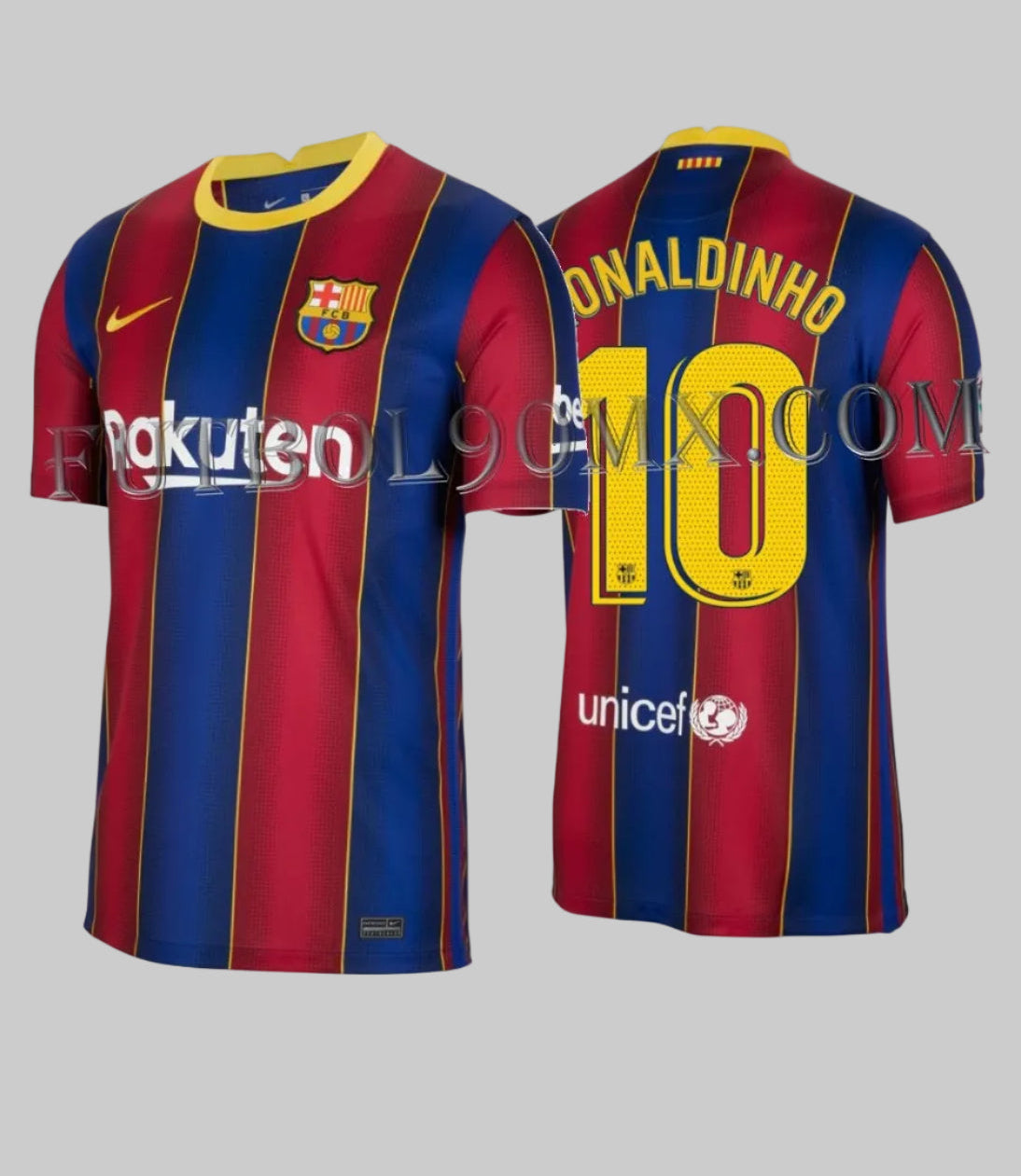 Vista frontal y posterior del jersey Nike Ronaldinho FC Barcelona de casa 2020/21 (Ref. CD4232-456) con franjas blaugranas y el dorsal #10, disponible en la Historical Archive Boutique de Futbol90MX