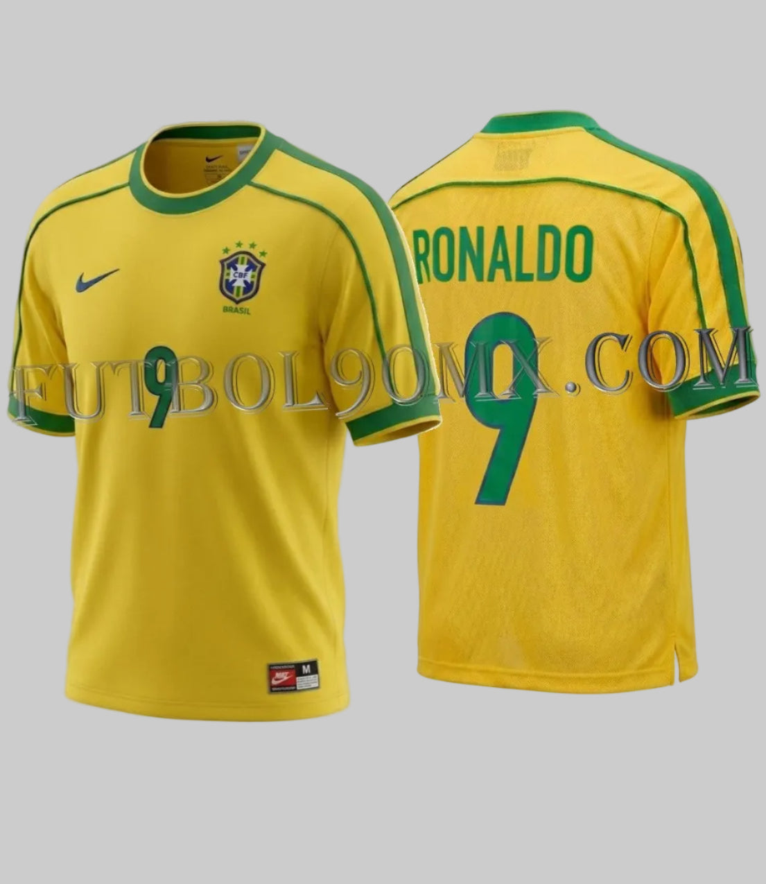 Vista dual del Jersey Nike Ronaldo Brasil de Local Copa Mundial FIFA 1998, codigo IB1155-741, disponible en Historical Archie Boutique Futbol90MX