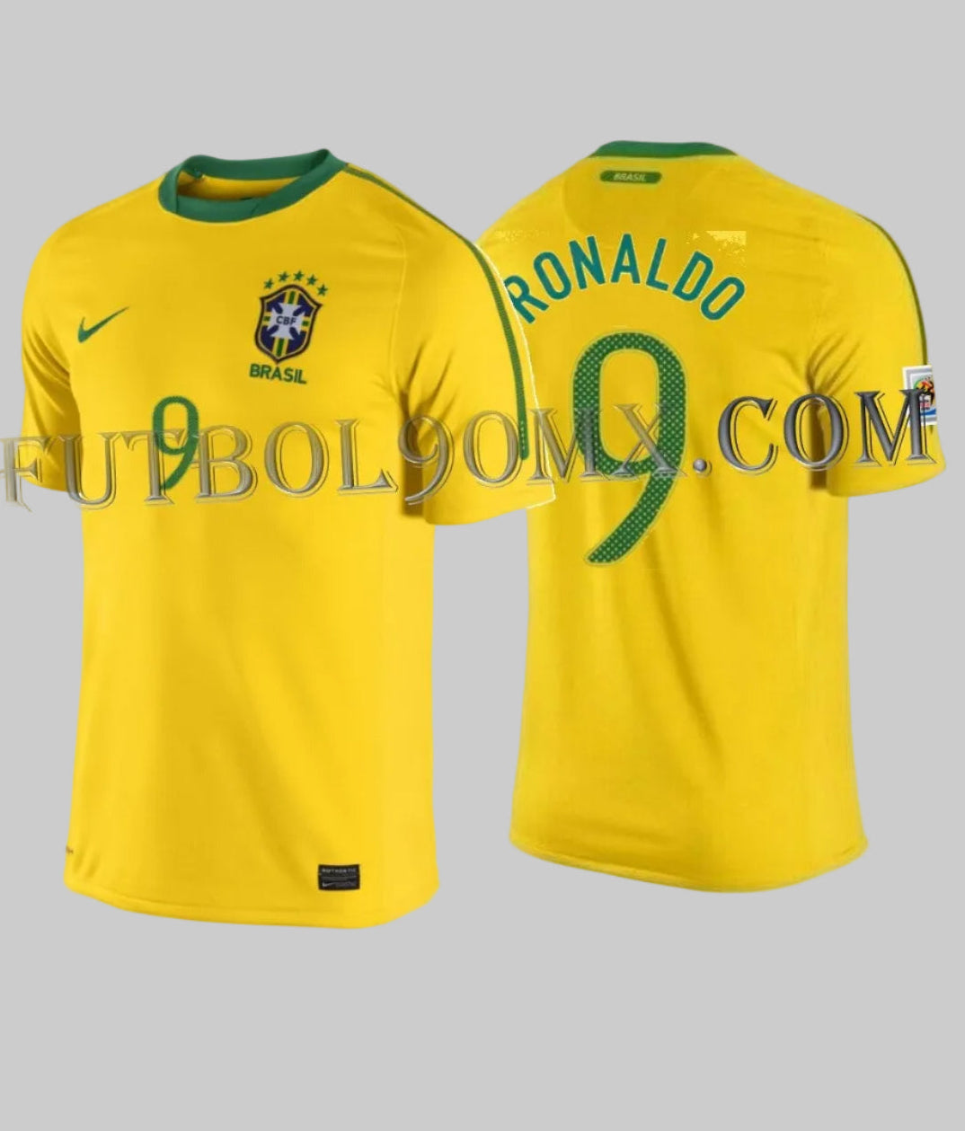 Vista dual del Jersey Nike Ronaldo Brasil Local Mundial FIFA 2010, codigo 369250-703, disponible en Futbol90MX