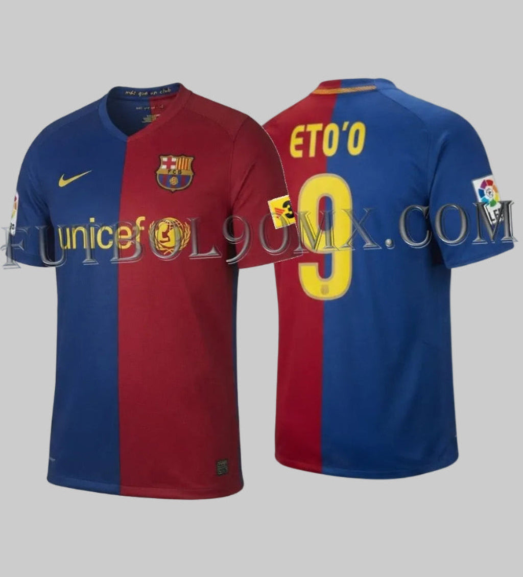 Vista frontal y posterior del jersey de local del FC Barcelona 2008/09 (Ref. 286784-655) con la personalización de Samuel Eto'o #9 y la marca de agua de Futbol90MX