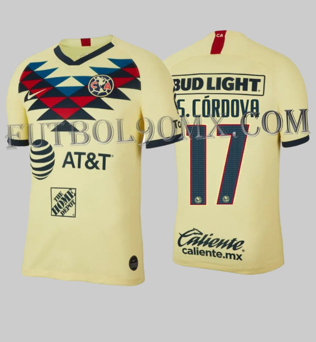 Vista frontal y posterior del jersey Nike Club América de local 2019/20 personalizado con el nombre S. Córdova y dorsal 17 (Art. AJ5527-707) en Futbol90MX.