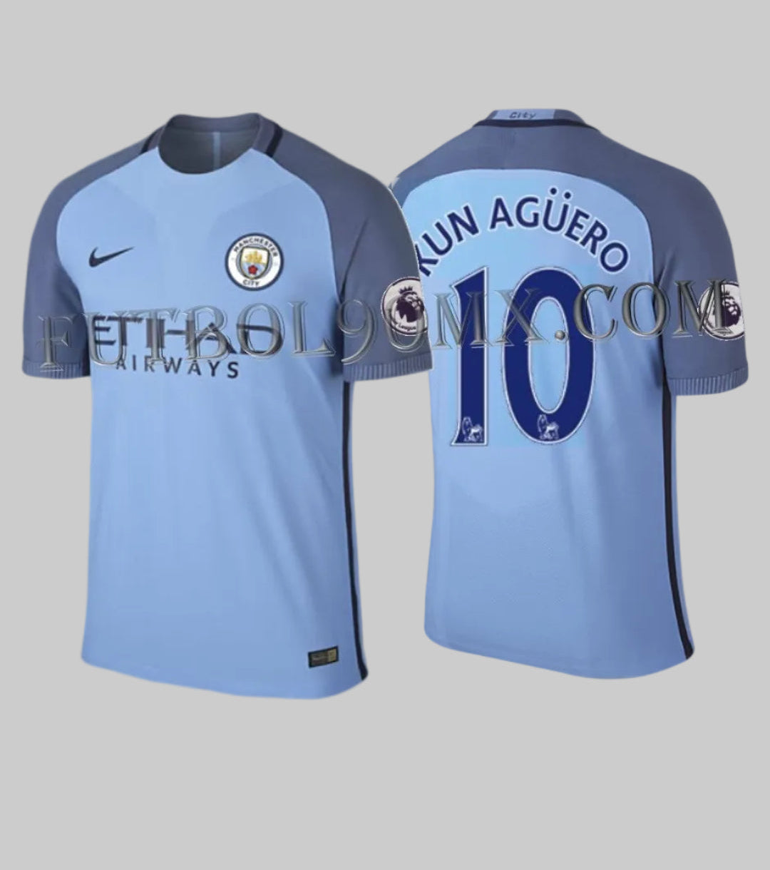 Vista frontal y posterior del jersey Nike Sergio Kun Agüero Manchester City Authentic Vapor Match de casa 2016/17 (Ref. 776905-489) con tipografía oficial #10 y parches de Premier League, disponible en la Historical Archive Boutique de Futbol90MX