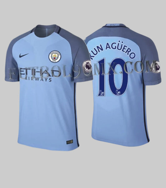 Vista frontal y posterior del jersey Nike Sergio Kun Agüero Manchester City Authentic Vapor Match de casa 2016/17 (Ref. 776905-489) con tipografía oficial #10 y parches de Premier League, disponible en la Historical Archive Boutique de Futbol90MX