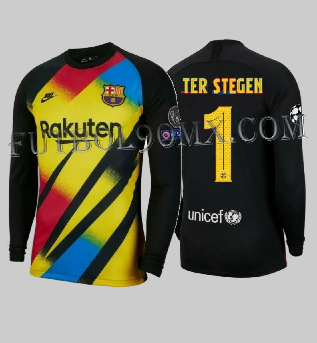 Jersey de portero Nike FC Barcelona 2019-20 BV1483-720 Ter Stegen Champions League manga larga con parches oficiales Starball y Respect Futbol90MX.