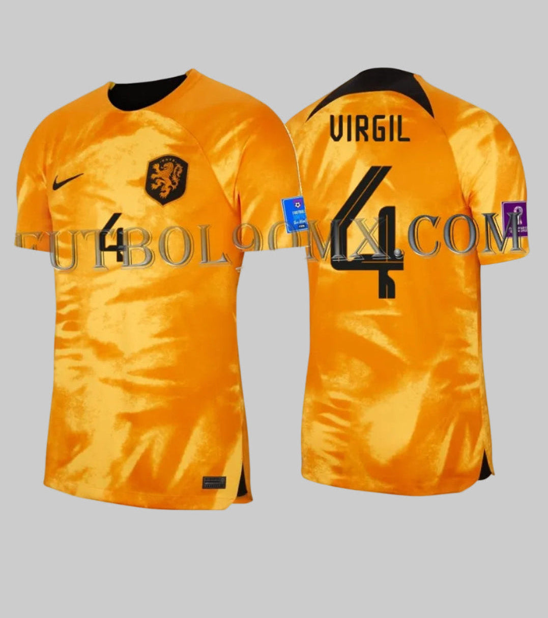 Vista frontal del Jersey Virgil van Dijk Países Bajos Local 2022, edición oficial Copa Mundial FIFA con parches originales y dorsal #4 código Nike DN0694-845 en Futbol90MX