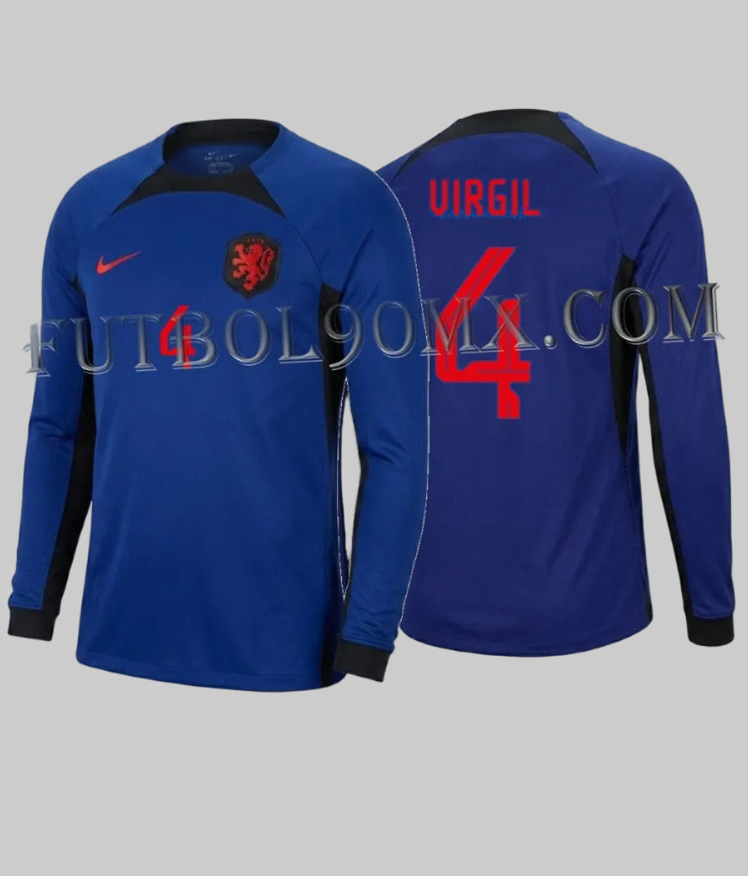 Vista dual del Jersey oficial Nike Países Bajos Mundial FIFA 2022, edición manga larga visitante personalizada con Virgil van Dijk 4, vista frontal de archivo, codigo DN0668-455 en Futbol90MX