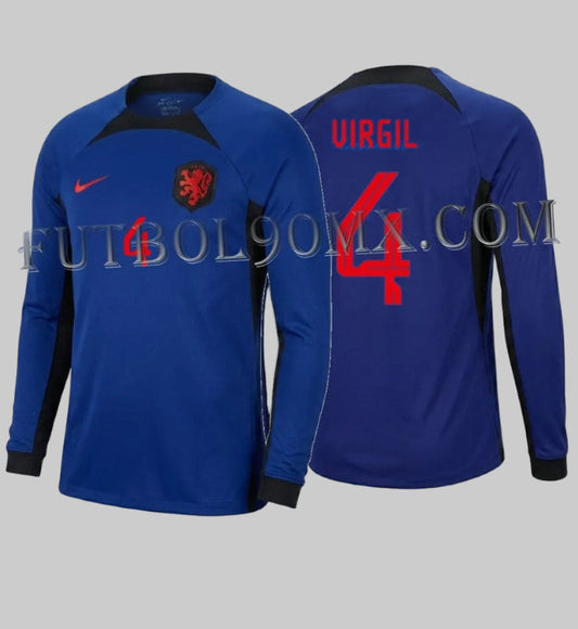 Vista dual del Jersey oficial Nike Países Bajos Mundial FIFA 2022, edición manga larga visitante personalizada con Virgil van Dijk 4, vista frontal de archivo, codigo DN0668-455 en Futbol90MX