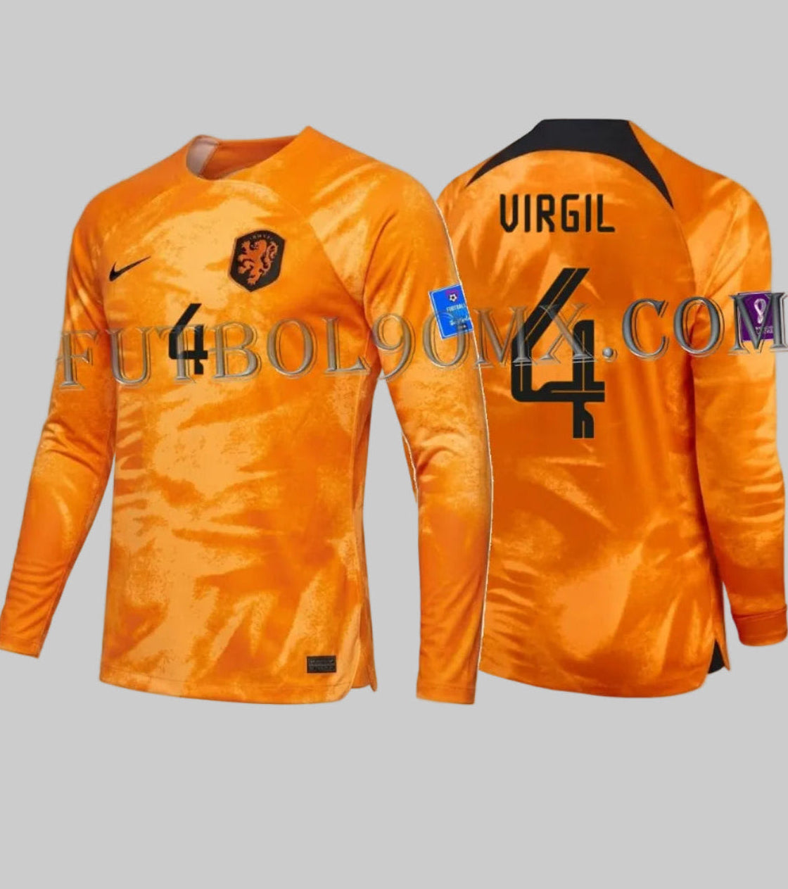 Jersey oficial Nike de local de los Países Bajos manga larga, edición Copa Mundial 2022, con personalización "VIRGIL 4" y parches oficiales de torneo, exhibido sobre fondo neutro, codigo DN0669-845, disponible Futbol90MX