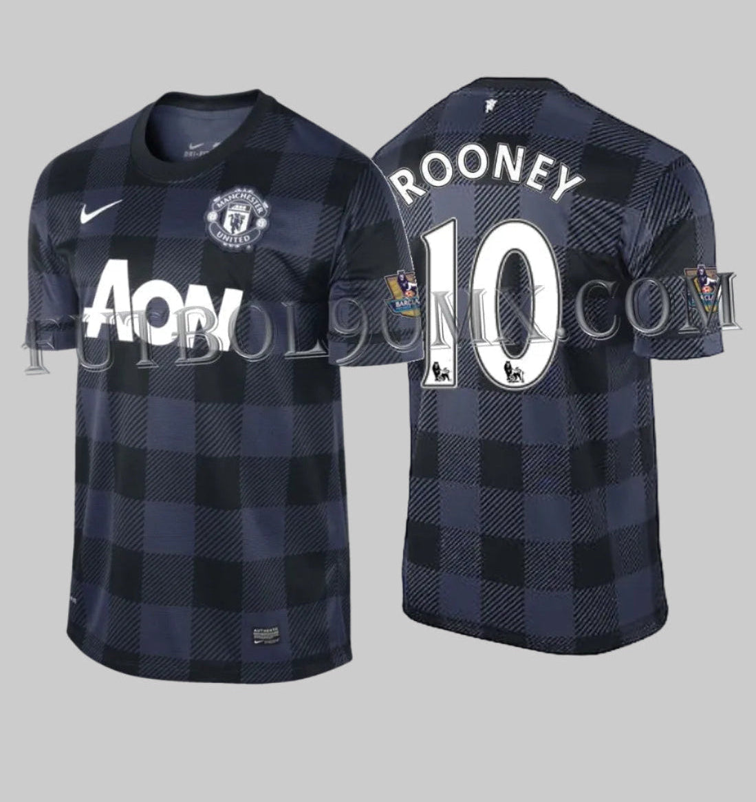 Jersey Nike Manchester United Away 2013/14 de Rooney #10, patrón de cuadros azul y negro con parches de Premier League, vistas frontal y trasera