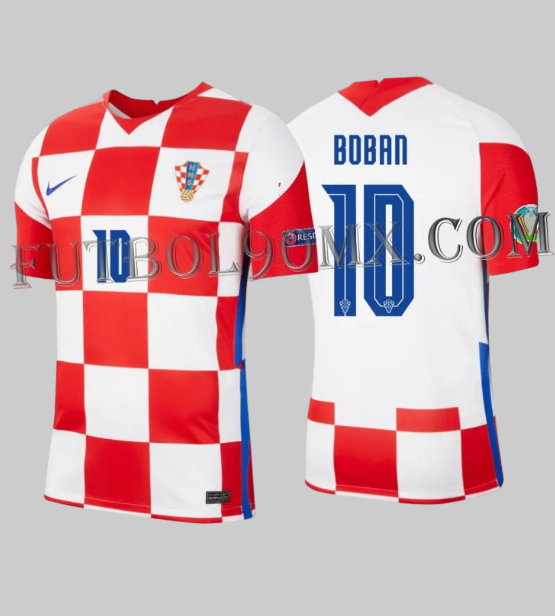 Vista dual del jersey de Croacia con personalización oficial de la Legend Series: nombre BOBAN y número 10 en tipografía azul reglamentaria de la UEFA y parches del torneo, disponible en Futbol90MX, código de autenticidad: CD0695-100
