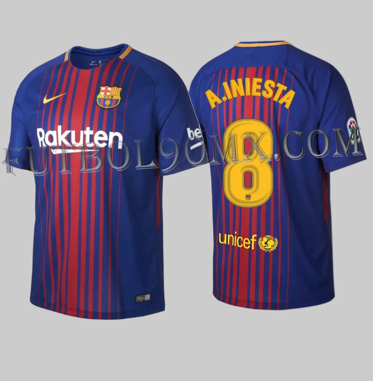 Dorsal oficial A. INIESTA número 8 en tipografía dorada de La Liga sobre el jersey de local de su última temporada 2017-18.