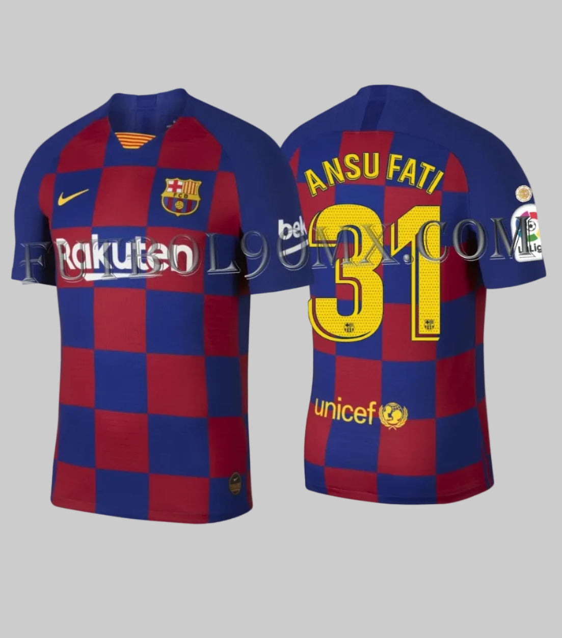Vista frontal y posterior del jersey Nike FC Barcelona Authentic Vapor Match Local 2019/20 Ansu Fati #31 (Ref. AJ5257-456) disponible en la Historical Archive Boutique de Futbol90MX.