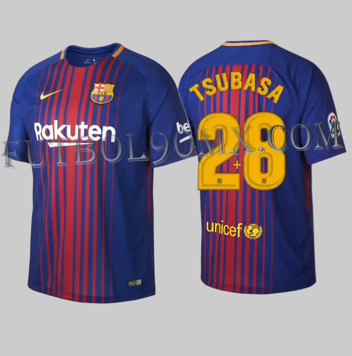 Personalización de archivo Tsubasa número 2+8 en relieve dorado, tipografía histórica del FC Barcelona 17-18, representando la transición del manga a la realidad textil.