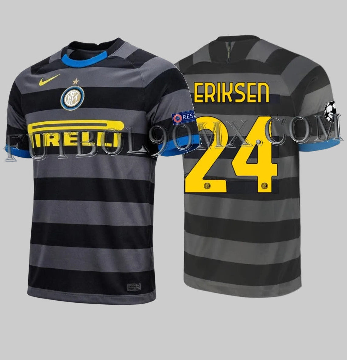 Dorsal oficial Eriksen 24 en tipografía amarilla de Champions League sobre jersey del Inter de Milán 2020-21 con parches Starball y Respect