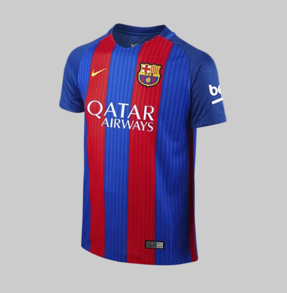 Jersey Nike FC Barcelona Home Youth 2016-17 777029-481 original, vista frontal con patrocinador Qatar Airways, tejido Dri-FIT, archivo futbol90mx.