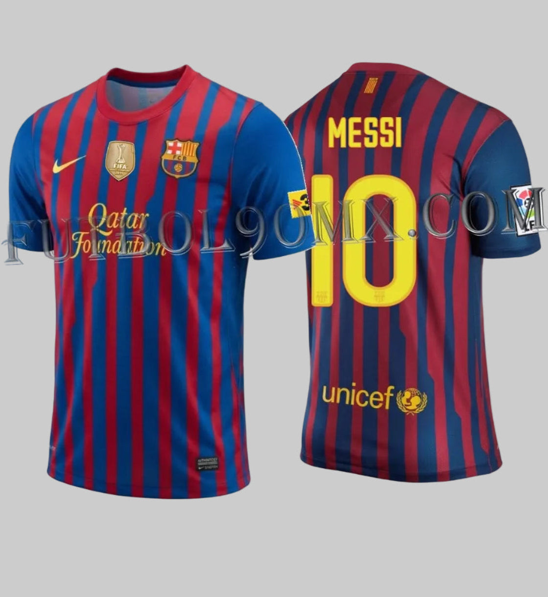 Jersey Nike 419876-486 FC Barcelona 2011-12 versión Authentic Match, con tipografia oficial Messi 10, franjas blaugranas asimétricas y parche dorado FIFA World Champions.