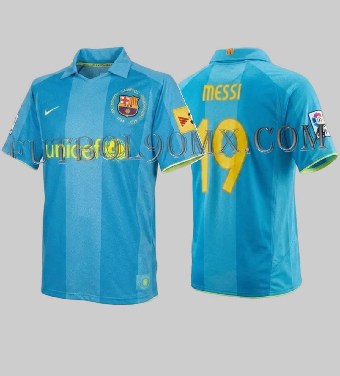 Exhibición lado a lado de la parte frontal y trasera del Nike Lionel Messi FC Barcelona Away Jersey 2007/08 (Código: 237743-414) con personalización MESSI #19 y parche oficial de la liga, disponible en Futbol90MX.